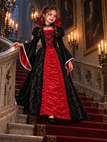 Vista 4 de SIZGAROOT Disfraz de vampiro para niñas, vestido gótico de reina Rojo
