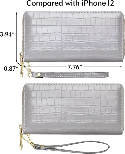 Vista 4 de Badiya Cartera para mujer, con bloqueo RFID, de cuero, con cremallera, de gran capacidad, para tarjetas de crédito, bolso largo, Gris