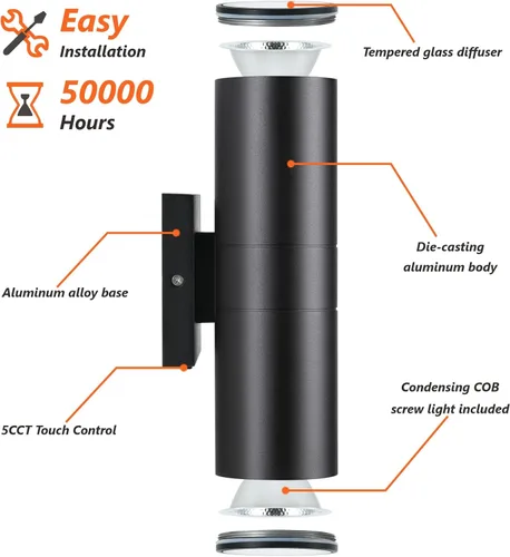 Vista 6 de DAKAFUL 5CCT - Luces de pared regulables para exteriores, paquete de 2 unidades, 3000 K, 5000 K, 6000 K, cilindro LED integrado, luz de aluminio