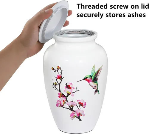 Vista 4 de Urna de cremación de colibrí para cenizas adultas, urna funeraria blanca, urna decorativa grande con bolsa de terciopelo, capacidad de hasta 200