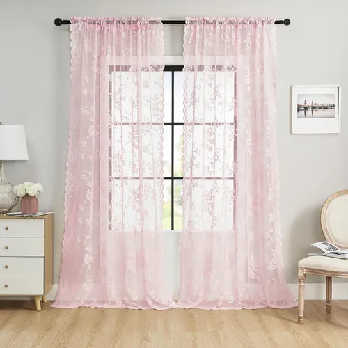 Vista 16 de Cortinas de encaje beige, juego de 2 paneles de cortinas traslúcidas con bolsillo para cortinero, decoración de ventana pequeña, baño, sótano