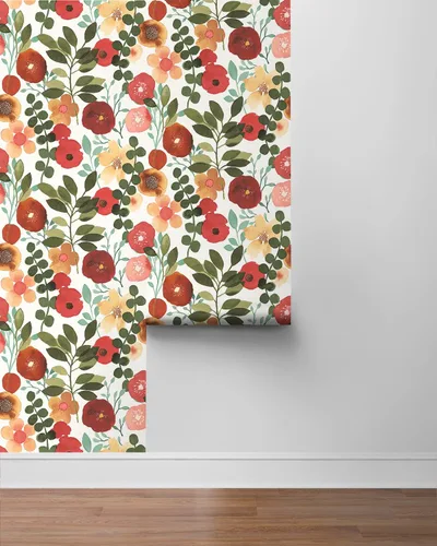 Vista 8 de NextWall Garden Dance Floral - Papel tapiz autoadhesivo (rubí y verde cazador)