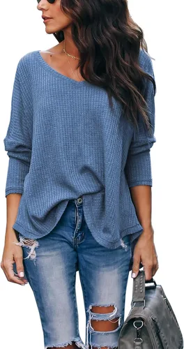 Vista 2 de iGenjun - Suéter casual con cuello en V, hombros descubiertos, mangas de murciélago, sin botones, para mujer Azul