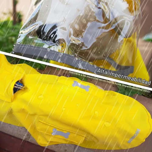 Vista 5 de Impermeable para perro con poncho con capucha, chaqueta de lluvia amarilla ajustable de alto reflejo, con agujero para correa para perros pequeños