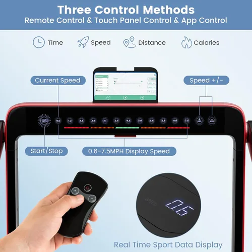 Vista 4 de Goplus Cinta de correr 2 en 1 para debajo del escritorio, 2.25 HP Superfit plegable con control de panel táctil, control por aplicación, control Rojo