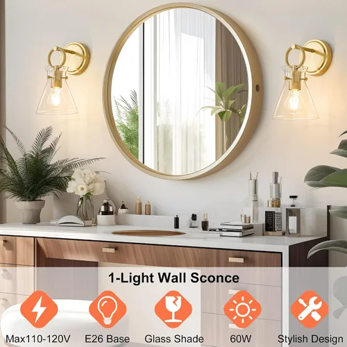 Vista 2 de Aplique de Pared Dorado de 1 Luz Cableado Montaje en Pared Estilo Moderno Rústico Accesorios de Luz de Tocador con Pantalla de Vidrio Transparente