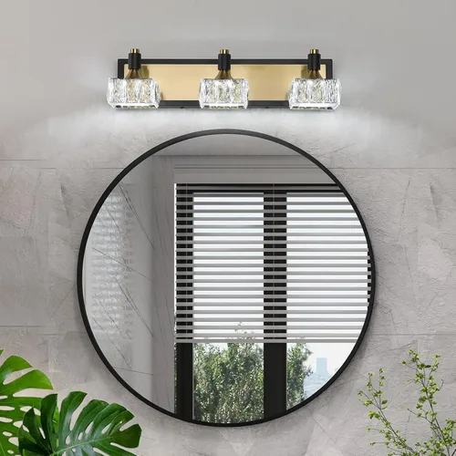 Vista 2 de Lámpara de baño de 3 luces sobre el espejo, luz LED regulable para tocador de baño con pantalla de cristal, lámpara de pared moderna negra y dorada
