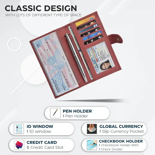 Vista 3 de Carteras de cuero con RFID y bolsillo de chequera para mujer, soporte duplicado de cheques tarjetas y bolígrafos