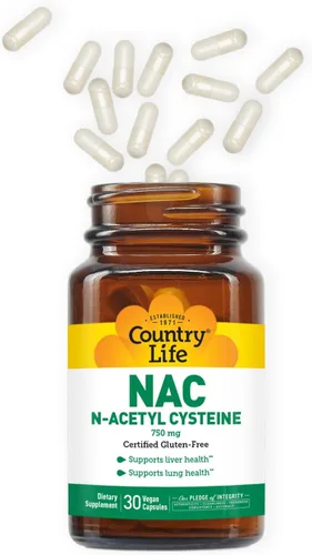 Vista 3 de Country Life N-acetil cisteína (NAC) 750 mg – Suplemento premium de apoyo hepático y salud pulmonar – Potente protección antioxidante