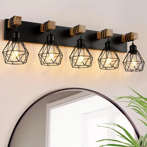 Vista 15 de Lámpara de tocador estilo casa de campo para baño, luminarias de tocador de baño de 2 luces negra dorada de madera sobre espejo, apliques rústicos