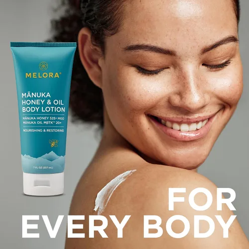 Vista 6 de MELORA Loción corporal de miel de Manuka (7 onzas), loción hidratante con miel de manuka calmante y aceite para pieles secas, muy secas, sensibles