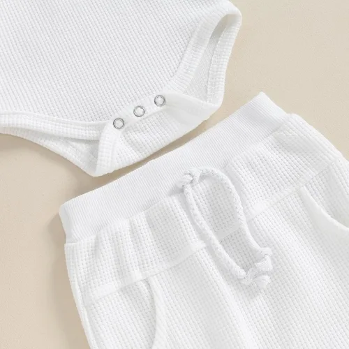 Vista 4 de Muasaaluxi Ropa para bebé recién nacido, manga larga, diseño de gofre, enterizo, pantalones deportivos, trajes de otoño de 3, 6, 9, 12 meses