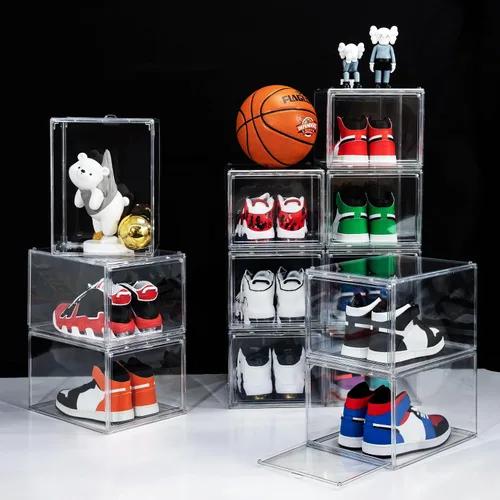 Vista 3 de Paquete de 12 cajas para zapatos, contenedor de caja para zapatillas de plástico acrílico transparente apilable, caja organizadora de zapatos