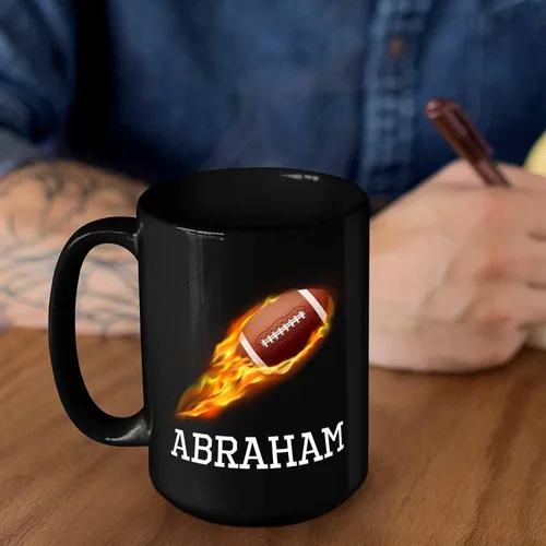 Vista 6 de Taza de café de fútbol personalizada con nombre, regalos para hombres, mujeres, amantes del fútbol, taza de cerámica negra personalizada de 11 onzas