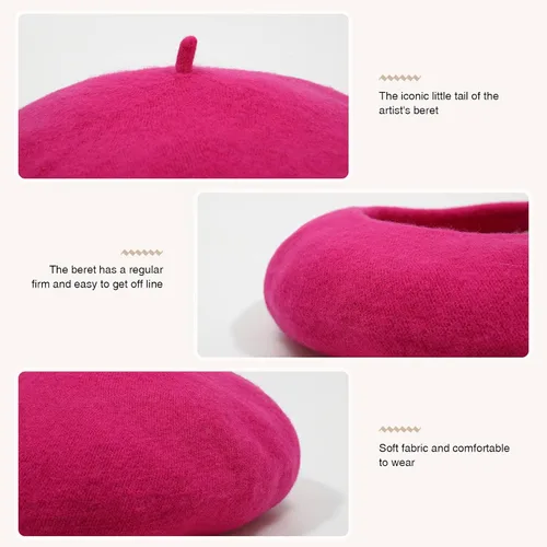 Vista 50 de Boina de lana francesa para mujer, gorra de invierno clásica de color sólido