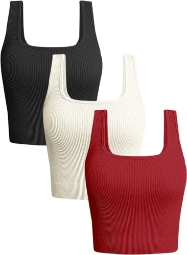 Vista 18 de OLCHEE - Camisetas cortas sin mangas para mujer, pack de 3, básicas, sin costuras, acanaladas, cuello cuadrado, para entrenamiento, verano Negro +