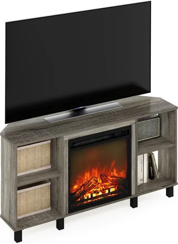 Vista 25 de Furinno Soporte clásico de TV de 70 pulgadas con chimenea, americano