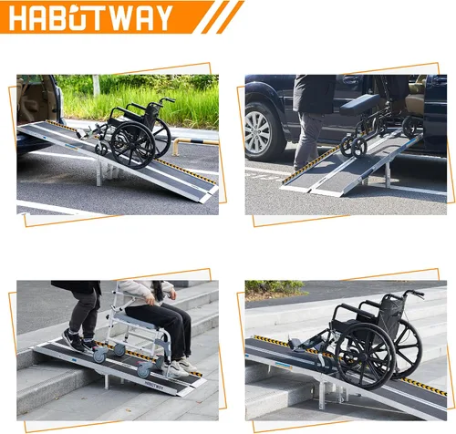 Vista 7 de HABUTWAY Rampa para silla de ruedas de 9 pies, rampa portátil para silla de ruedas con patas de apoyo, rampas dobles antideslizantes con capacidad