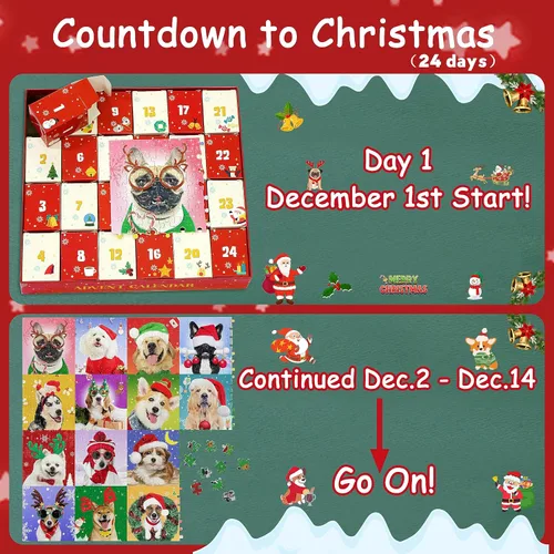 Vista 2 de Calendario de Adviento 2025 rompecabezas de perros de Navidad, 24 cajas de 1008 piezas, rompecabezas de cuenta regresiva para Navidad, regalos