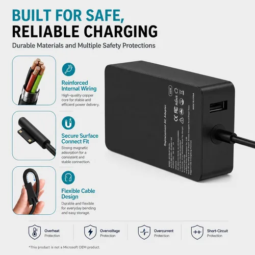 Vista 4 de Cargador Surface Pro de 65 W compatible con Microsoft Surface Pro 11/10/9/8/7+/7/6/5/4/3/X, Surface Laptop 7/6/5/4/3/2/1, Surface Go 4/3/2/1
