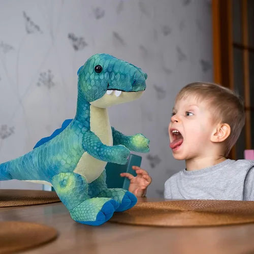 Vista 3 de HollyHOME Juguete de dinosaurio T-Rex de peluche con escamas texturizadas suaves y realistas, lindo regalo de dinosaurio para niños, azul y blanco