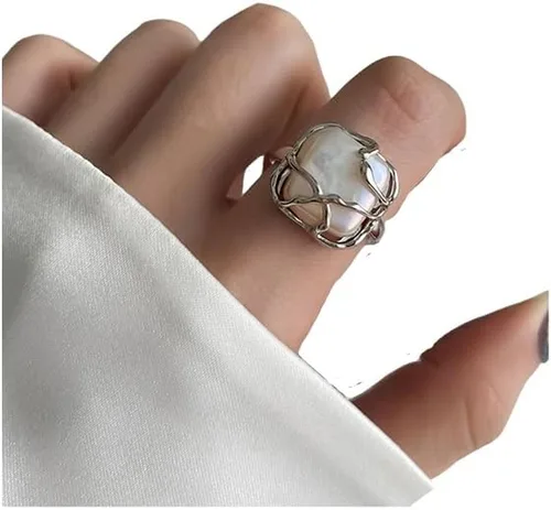 Vista 9 de Anillo de perlas hecho a mano, apilable, anillos ajustables de perlas abiertas, anillo de dedo completo, joyería de racimo de perlas de personalidad
