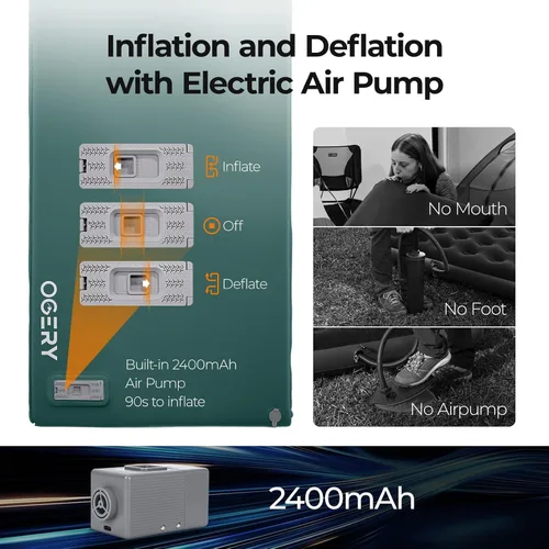 Vista 6 de OGERY Almohadilla de dormir autoinflable con bomba eléctrica, almohadilla de espuma viscoelástica ultra gruesa de 3.15 pulgadas, almohadilla