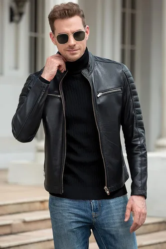 Vista 5 de QZH.DUAO - Suéteres informales de cuello alto para hombre, diseño entallado de punto trenzado, manga larga, sin botones
