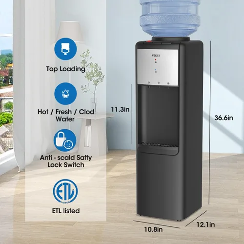 Vista 6 de VECYS Dispensador de enfriador de agua de carga superior caliente y fría, 3 o 5 galones con bloqueo de seguridad para niños, compresor
