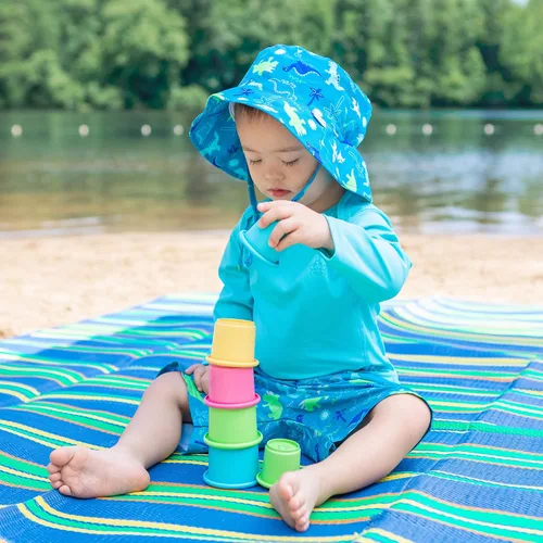 Vista 2 de i play. by green sprouts - Sombrero de protección solar UPF 50+ con protección solar ajustable para crecer con el bebé Dinosaurios Aqua