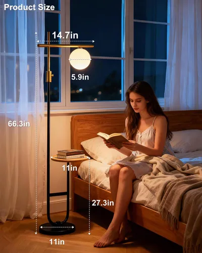 Vista 4 de Lightdot Lámparas de pie regulables doradas y negras de 66 pulgadas con mesa, moderna lámpara alta de pie con pantalla de globo, cabeza