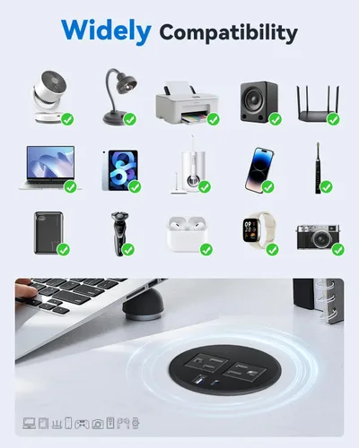 Vista 6 de Ojal de alimentación de escritorio con carga rápida USB C de 20 W, regleta de alimentación empotrada de 3 pulgadas para escritorio, mesas de Negro
