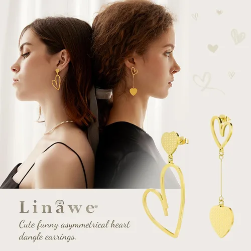 Vista 2 de Linawe Aretes colgantes con forma de corazón para mujer, de acero inoxidable, hipoalergénicos, asimétricos, para el día de San Valentín