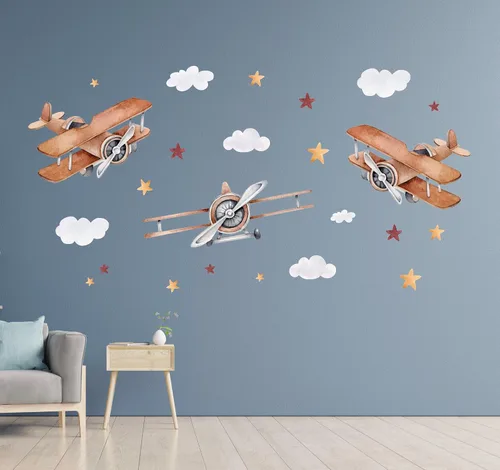 Vista 3 de Calcomanías de pared de avión grandes para niños, calcomanías de pared modernas multicolor de dibujos animados de avión de guardería, calcomanías