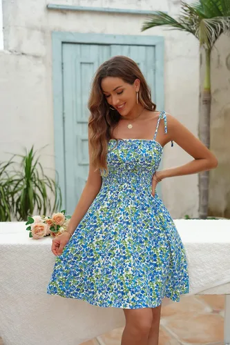 Vista 4 de Sexyasasii Vestido de verano para mujer con tirantes delgados estilo bohemio floral con volantes cintura imperio fruncido corto para patinadora