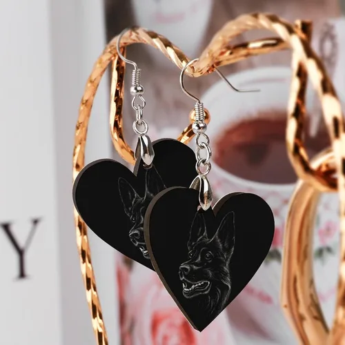Vista 4 de Aretes redondos de madera con diseño de pastor alemán negro para mujer, con estampado moderno y ligero