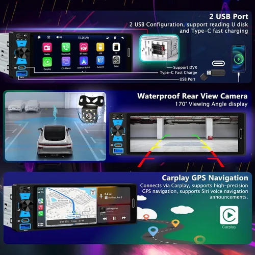 Vista 4 de Radio inalámbrica Apple CarPlay Android de 6.5 "con pantalla táctil DIN único FM/AM Car Stereo with Bluetooth 5.2,180W Audio,20-Band