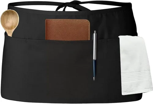Vista 8 de Tosewever Delantales de camarera con 3 bolsillos, delantal de cintura para camarera para mujeres y hombres, restaurante, hogar, negro, medio delantal