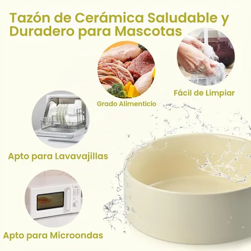 Vista 5 de SPUNKYJUNKY Cuencos Elevados para Perros de Cerámica, 5.1'' Cuencos de Comida y Agua para Perros y Gatos Elevados con Soporte de Bambú Beige