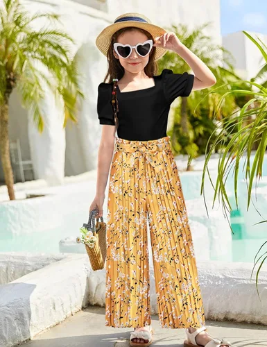 Vista 9 de DONWEN Conjunto de 3 piezas de ropa para niñas pequeñas y niñas con cuello cuadrado + pantalones elegantes + diadema para primavera y verano