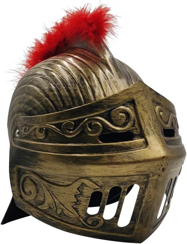 Vista 6 de LOOYAR Casco medieval de caballero soldado soldado con sombrero con pluma roja y máscara facial plegable para juego de batalla, Halloween, cosplay