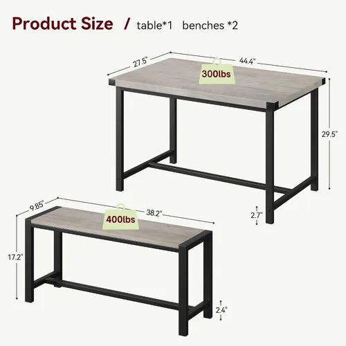Vista 6 de Juego de mesa de comedor para 4 personas con 2 bancos, juego de mesa de cocina de 3 piezas, juego de comedor que ahorra espacio para cocina, Gris