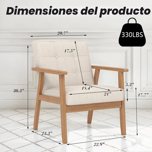Vista 2 de Silla decorativa de lino beige, sillón copetudo con marco de madera