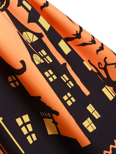 Vista 4 de ZEZCLO Vestido de Halloween para mujer, talla grande, divertido disfraz de calabaza a rayas, vestidos acampanados