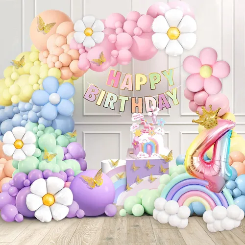 Vista 9 de Decoraciones de primer cumpleaños para niña, 219 margaritas para primer cumpleaños, kit de arco de globos pastel, pancarta de feliz cumpleaños