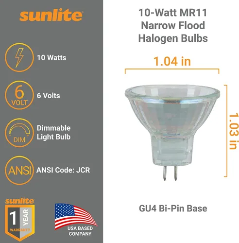 Vista 3 de Sunlite 03455 MR11 Bombilla halógena reflectora, 10 vatios, inundación estrecha de 30°, 6 voltios, 90 lúmenes, vida útil de 2000 horas, regulable