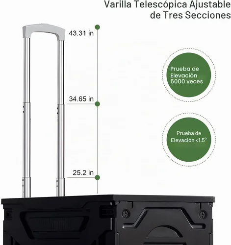 Vista 4 de VECELO Carrito de compras plegable 2 en 1 de 16 galones, carrito plegable con mango ajustable y ruedas de 360°, caja rodante de doble modo Negro