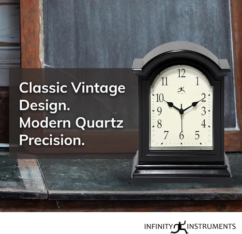 Vista 5 de Infinity Instruments Reloj de abuelo en miniatura para repisa de chimenea, reloj de mesa vintage con diseño antiguo, 9" x 6", negro Reloj