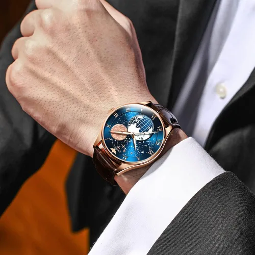 Vista 3 de OUPINKE Watches for Men Leather Automatic Moon Phases Japanese Movement Starry Mechanical Waterproof Business
