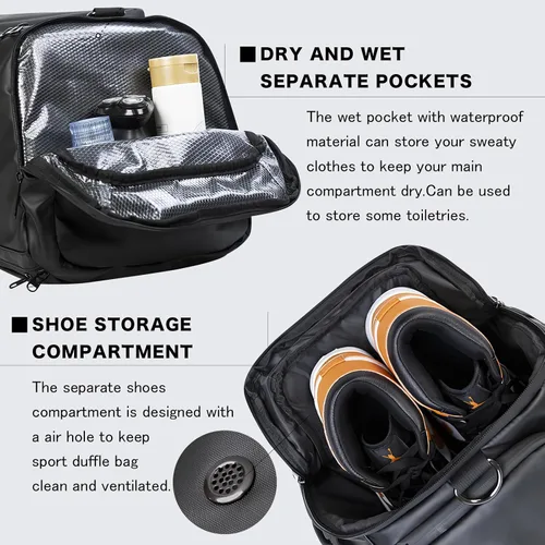 Vista 4 de Bolsa de viaje 40L, bolsa de gimnasio grande 4 en 1 con zapatos y ropa húmeda y compartimentos para laptop, color negro, Negro -, Bolsa de viaje